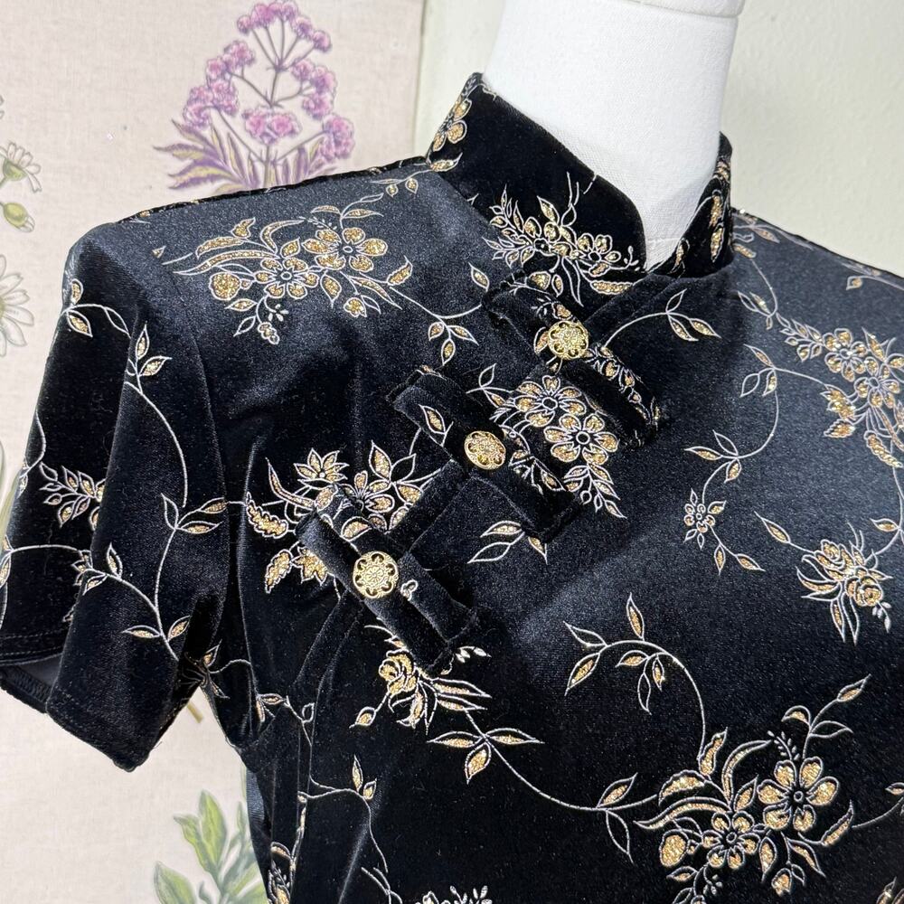 90s Y2k Floral Velvet Glitter Qipao Dress Dark Fairy Romantic Sexy Witchy S 6 - Picture 4 of 8